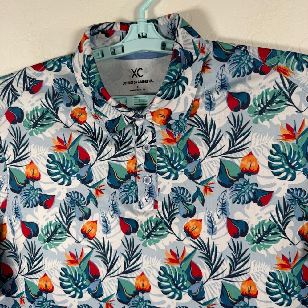 Johnston & Murphy XC4 Polo Shirt Mens Large White Blue Golf Floral Stretch